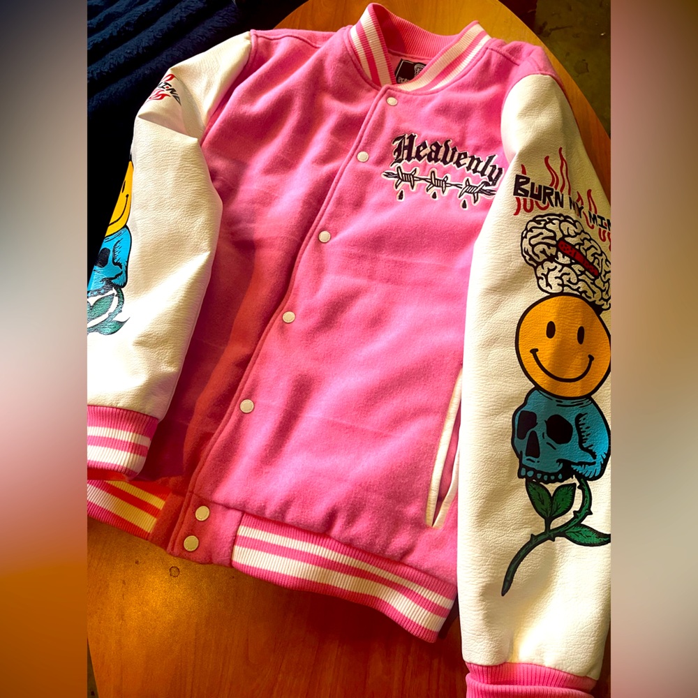 Heavenly Pink Varsity Jacket with Graphic Sleeves